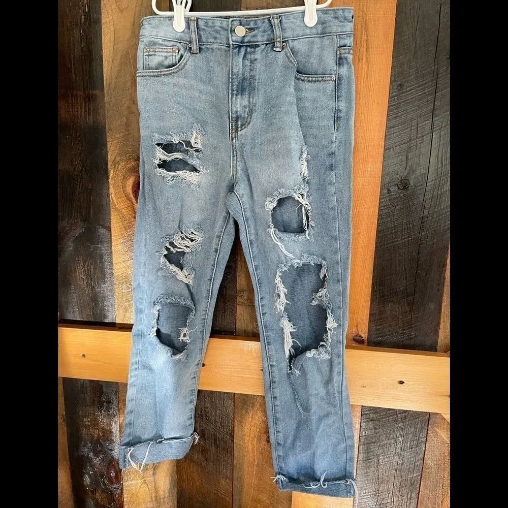 MOMOKROM straight leg distressed high rise 5 pocket jeans size UK 10, US 4-6